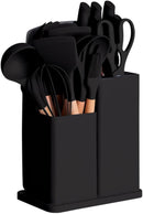 Utensílios para Cozinha de Silicone, Kit com 19 Peças - Cabo de Madeira, Conjunto Completo com Espátula, Concha, Colher, Faca, Tábua, Tesoura e Suporte, Antiaderente, Jogo Utensílios preto
