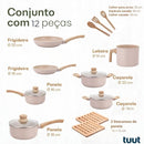 Jogo de Panelas Indução Antiaderente 12 peças, Revestimento Cerâmico, Alumínio Fundo Triplo (Vanilla)