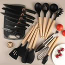 Utensílios para Cozinha de Silicone, Kit com 19 Peças - Cabo de Madeira, Conjunto Completo com Espátula, Concha, Colher, Faca, Tábua, Tesoura e Suporte, Antiaderente, Jogo Utensílios preto